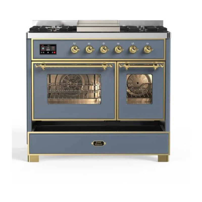 ILVE Majestic II 40" Dual Fuel Freestanding Range in Blue Grey with Brass Trim, UMD10FDNS3BGGLP