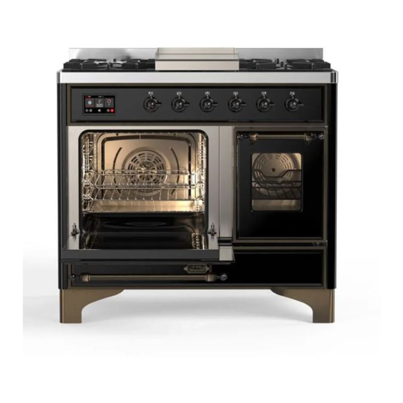 ILVE Majestic II 40" Dual Fuel Freestanding Range in Glossy Black with Burnished Trim, UMD10FDNS3BKBLP