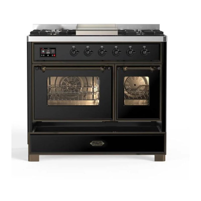 ILVE Majestic II 40" Dual Fuel Freestanding Range in Glossy Black with Burnished Trim, UMD10FDNS3BKBLP