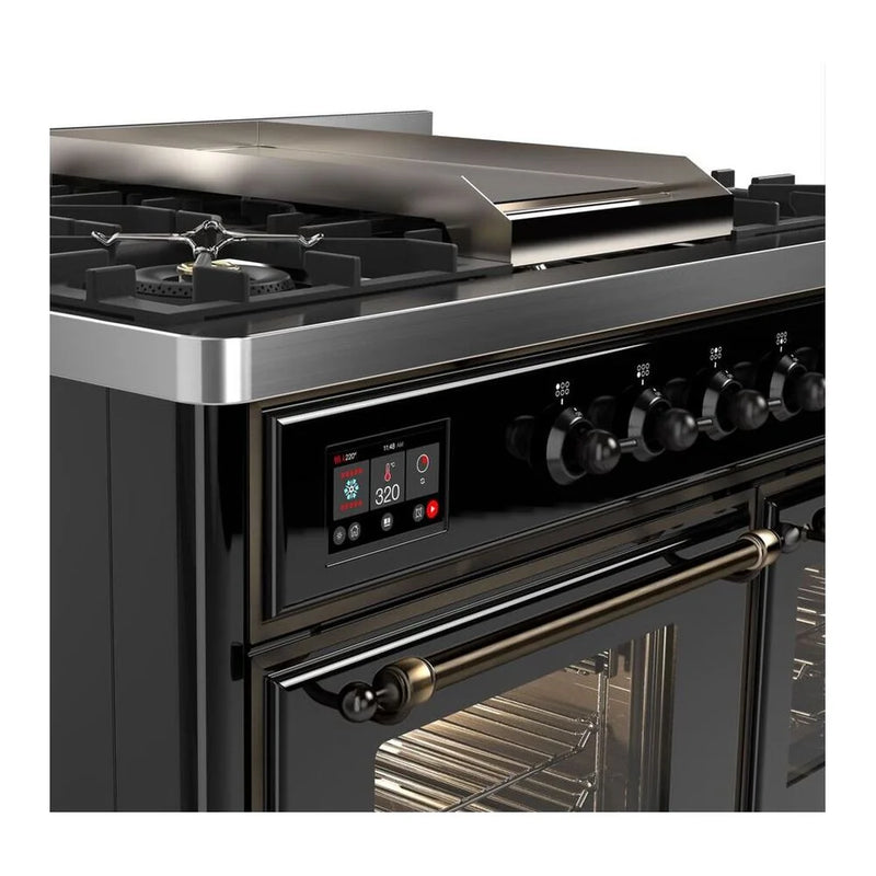ILVE Majestic II 40" Dual Fuel Freestanding Range in Glossy Black with Burnished Trim, UMD10FDNS3BKB