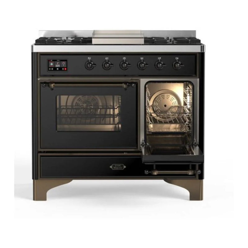 ILVE Majestic II 40" Dual Fuel Freestanding Range in Glossy Black with Burnished Trim, UMD10FDNS3BKB