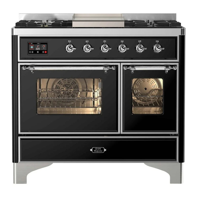ILVE Majestic II 40" Dual Fuel Freestanding Range in Glossy Black with Chrome Trim, UMD10FDNS3BKCLP