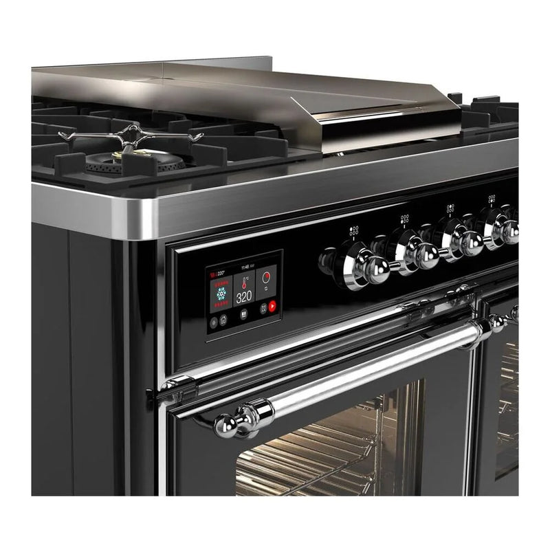 ILVE Majestic II 40" Dual Fuel Freestanding Range in Glossy Black with Chrome Trim, UMD10FDNS3BKCLP