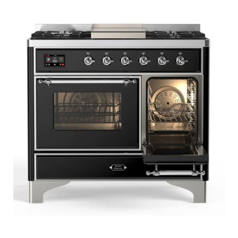 ILVE Majestic II 40" Dual Fuel Freestanding Range in Glossy Black with Chrome Trim, UMD10FDNS3BKCLP