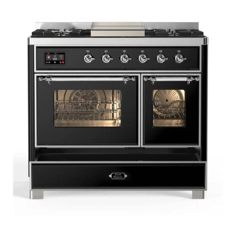 ILVE Majestic II 40" Dual Fuel Freestanding Range in Glossy Black with Chrome Trim, UMD10FDNS3BKCLP