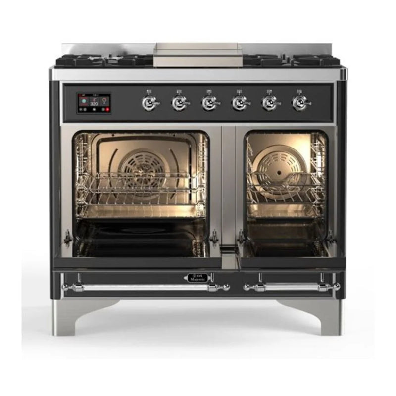 ILVE Majestic II 40" Dual Fuel Freestanding Range in Glossy Black with Chrome Trim, UMD10FDNS3BKC