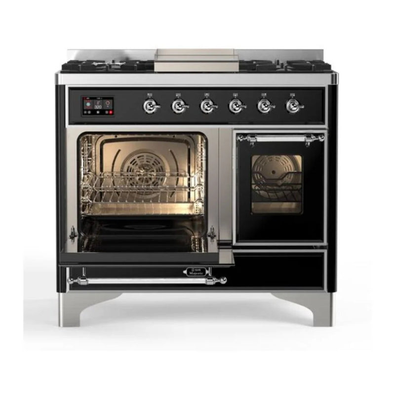 ILVE Majestic II 40" Dual Fuel Freestanding Range in Glossy Black with Chrome Trim, UMD10FDNS3BKC