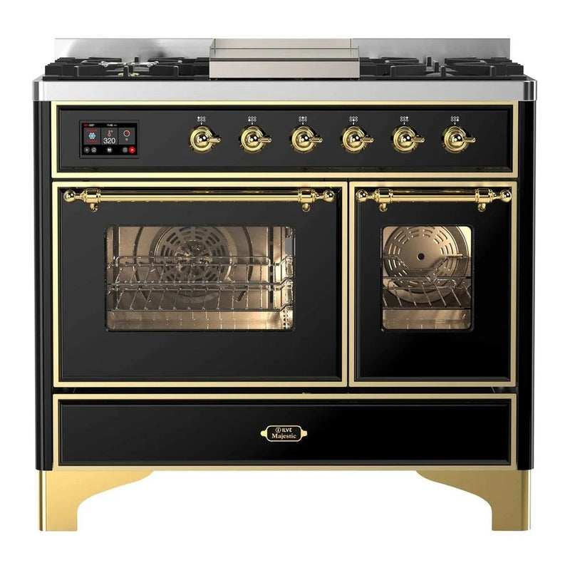 ILVE Majestic II 40" Dual Fuel Freestanding Range in Glossy Black with Brass Trim, UMD10FDNS3BKGLP