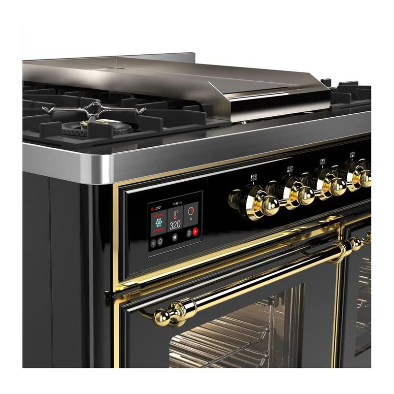 ILVE Majestic II 40" Dual Fuel Freestanding Range in Glossy Black with Brass Trim, UMD10FDNS3BKGLP