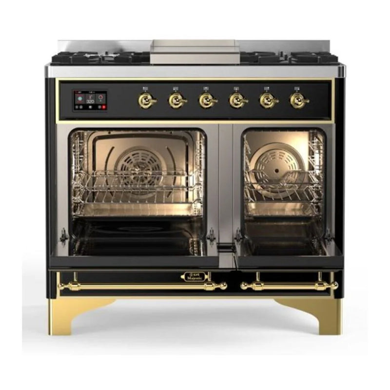 ILVE Majestic II 40" Dual Fuel Freestanding Range in Glossy Black with Brass Trim, UMD10FDNS3BKGLP