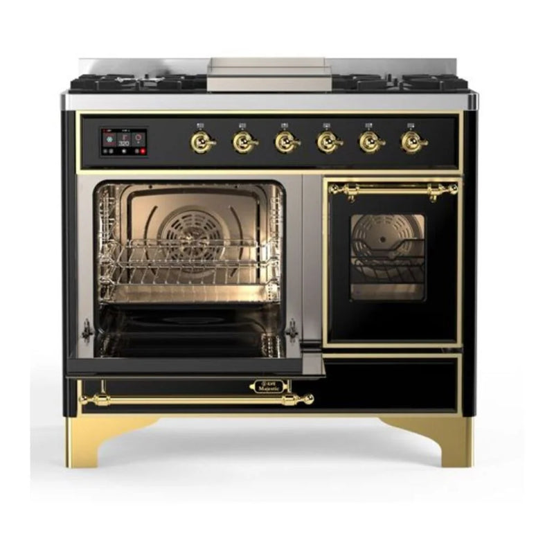 ILVE Majestic II 40" Dual Fuel Freestanding Range in Glossy Black with Brass Trim, UMD10FDNS3BKGLP