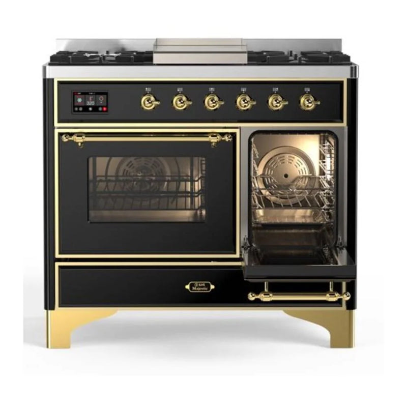ILVE Majestic II 40" Dual Fuel Freestanding Range in Glossy Black with Brass Trim, UMD10FDNS3BKGLP