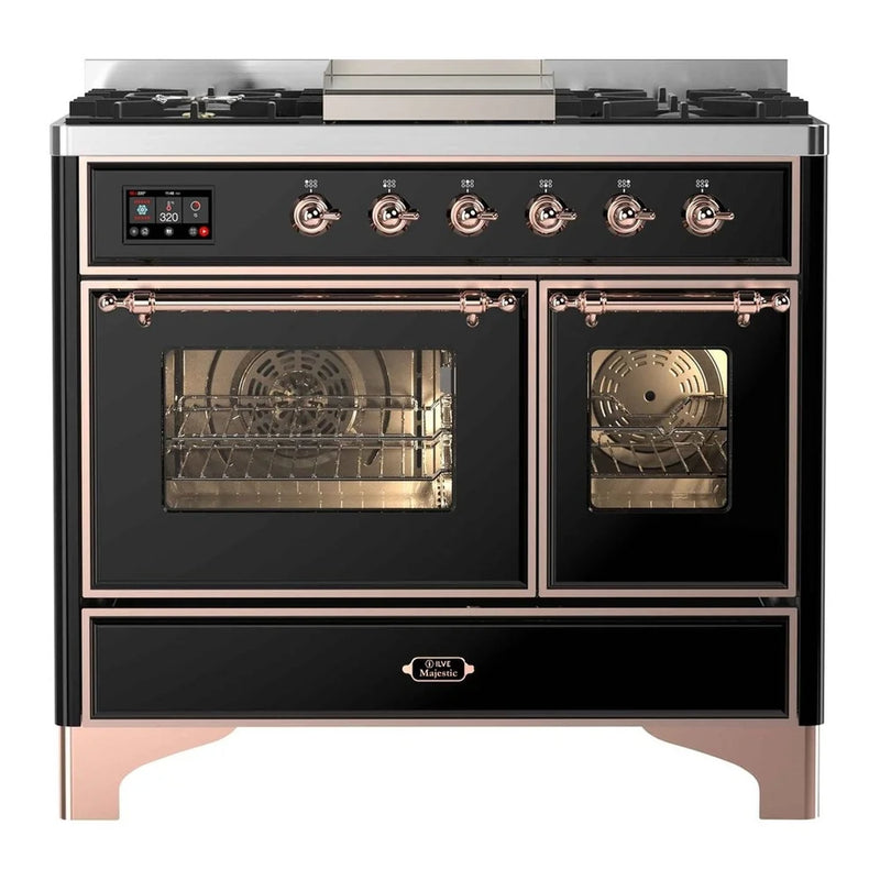 ILVE Majestic II 40" Dual Fuel Freestanding Range in Glossy Black with Copper Trim, UMD10FDNS3BKPLP