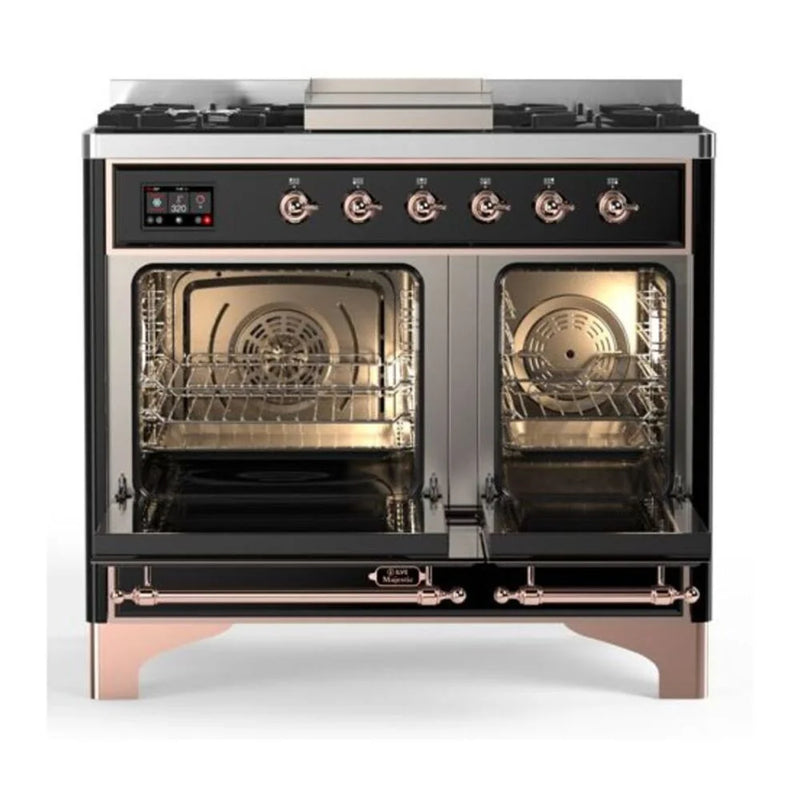 ILVE Majestic II 40" Dual Fuel Freestanding Range in Glossy Black with Copper Trim, UMD10FDNS3BKPLP