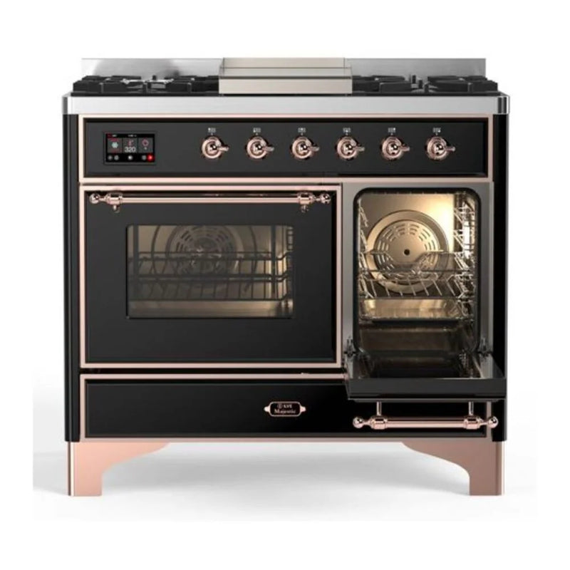 ILVE Majestic II 40" Dual Fuel Freestanding Range in Glossy Black with Copper Trim, UMD10FDNS3BKPLP