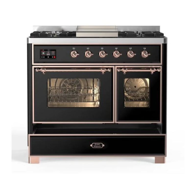 ILVE Majestic II 40" Dual Fuel Freestanding Range in Glossy Black with Copper Trim, UMD10FDNS3BKPLP
