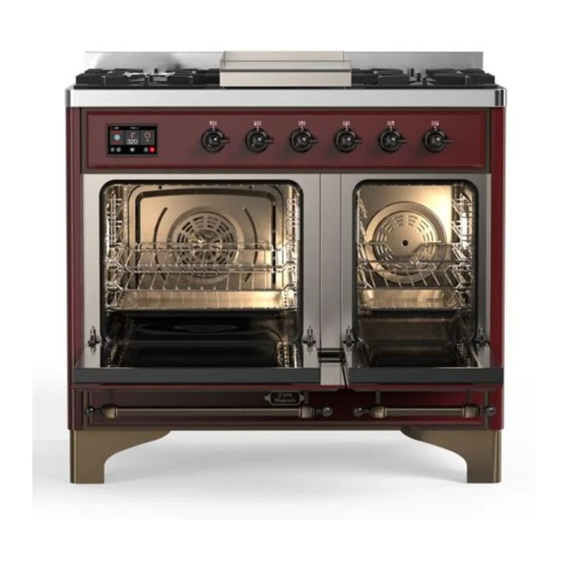 ILVE Majestic II 40" Dual Fuel Freestanding Range in Burgundy with Burnished Trim, UMD10FDNS3BUBLP