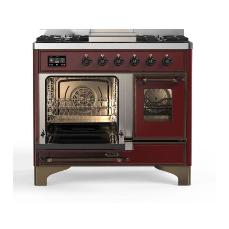 ILVE Majestic II 40" Dual Fuel Freestanding Range in Burgundy with Burnished Trim, UMD10FDNS3BUBLP