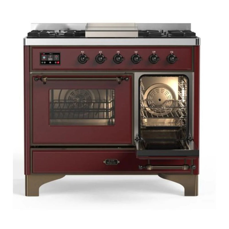 ILVE Majestic II 40" Dual Fuel Freestanding Range in Burgundy with Burnished Trim, UMD10FDNS3BUBLP