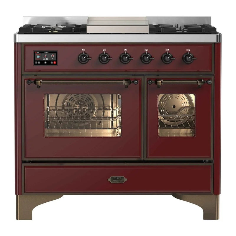 ILVE Majestic II 40" Dual Fuel Freestanding Range in Burgundy with Burnished Trim, UMD10FDNS3BUB
