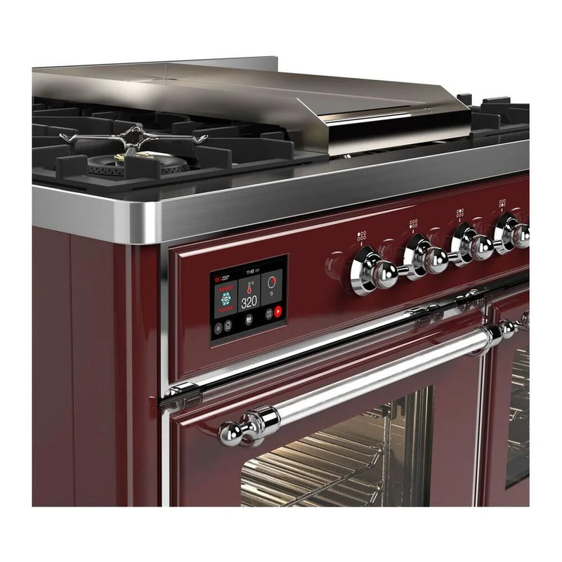 ILVE Majestic II 40" Dual Fuel Freestanding Range in Burgundy with Chrome Trim, UMD10FDNS3BUCLP
