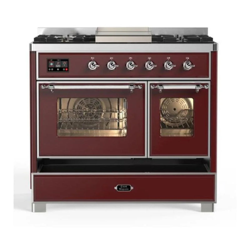 ILVE Majestic II 40" Dual Fuel Freestanding Range in Burgundy with Chrome Trim, UMD10FDNS3BUCLP