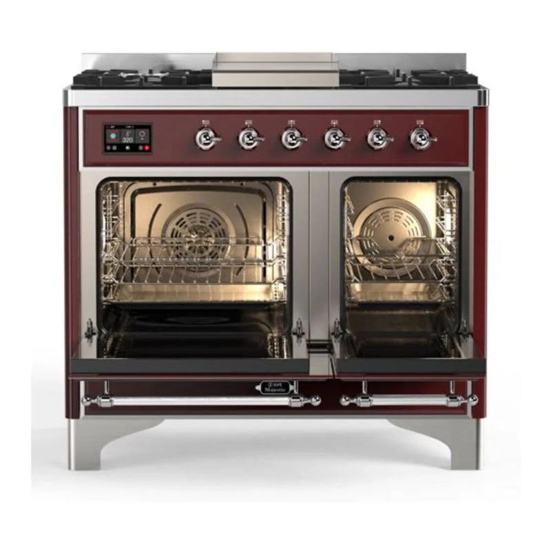 ILVE Majestic II 40" Dual Fuel Freestanding Range in Burgundy with Chrome Trim, UMD10FDNS3BUC