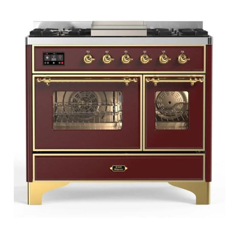ILVE Majestic II 40" Dual Fuel Freestanding Range in Burgundy with Brass Trim, UMD10FDNS3BUGLP