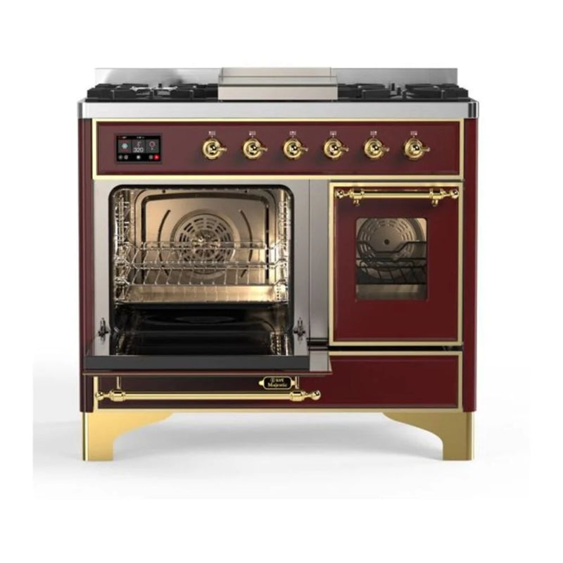 ILVE Majestic II 40" Dual Fuel Freestanding Range in Burgundy with Brass Trim, UMD10FDNS3BUG