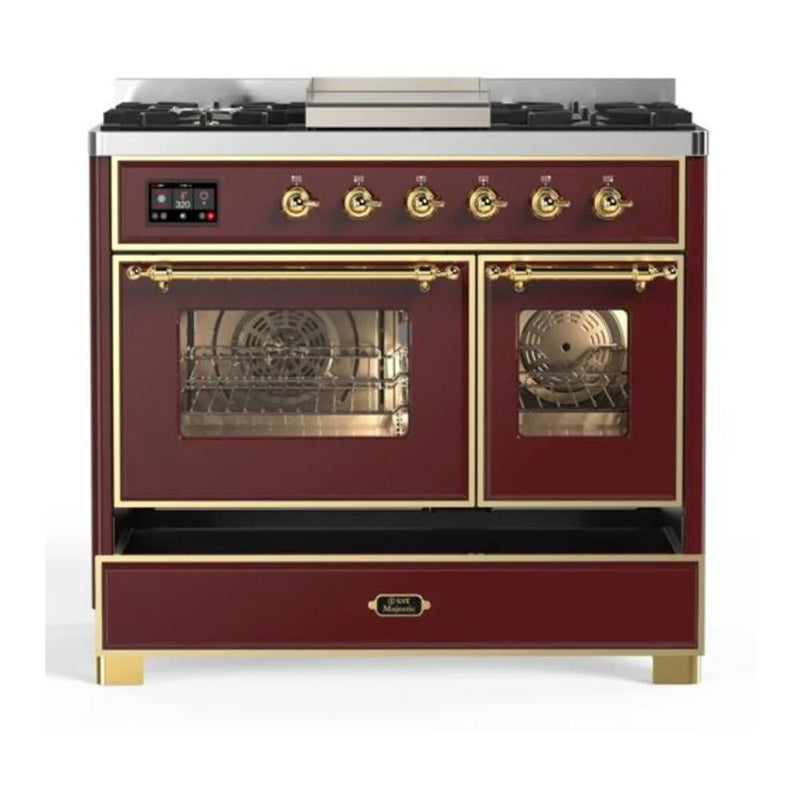ILVE Majestic II 40" Dual Fuel Freestanding Range in Burgundy with Brass Trim, UMD10FDNS3BUG