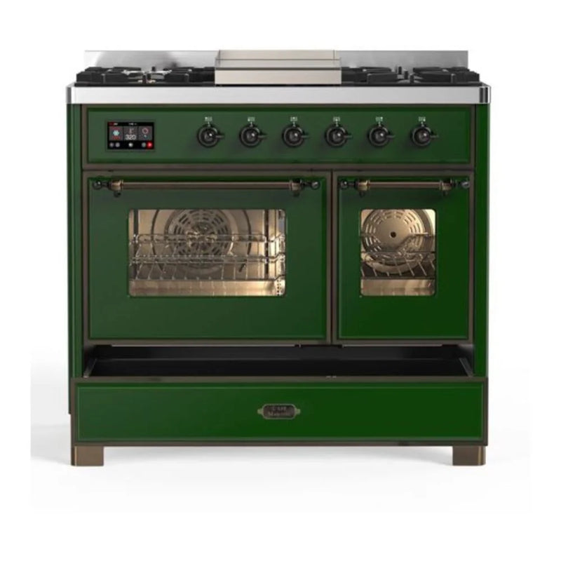 ILVE Majestic II 40" Dual Fuel Freestanding Range in Emerald Green with Burnished Trim, UMD10FDNS3EGB