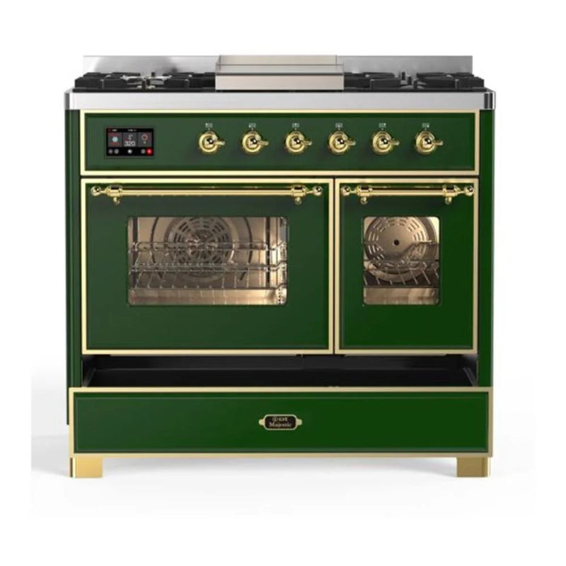 ILVE Majestic II 40" Dual Fuel Freestanding Range in Emerald Green with Brass Trim, UMD10FDNS3EGGLP