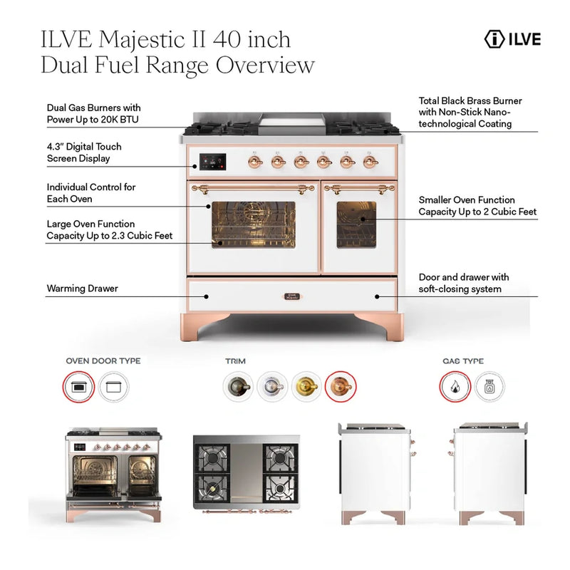 ILVE Majestic II 40" Dual Fuel Freestanding Range in Emerald Green with Brass Trim, UMD10FDNS3EGG