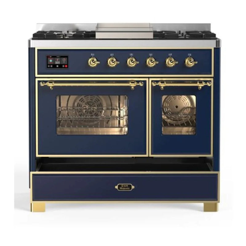 ILVE Majestic II 40" Dual Fuel Freestanding Range in Midnight Blue with Brass Trim, UMD10FDNS3MBGLP