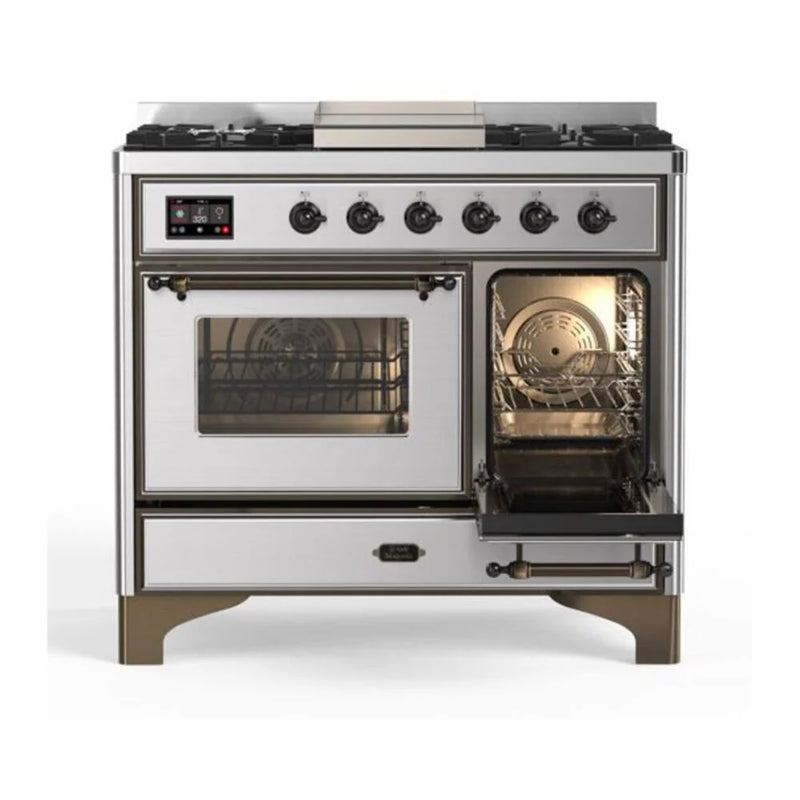 ILVE Majestic II 40" Dual Fuel Freestanding Range in Stainless Steel with Burnished Trim, UMD10FDNS3SSBLP