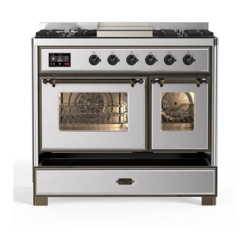 ILVE Majestic II 40" Dual Fuel Freestanding Range in Stainless Steel with Burnished Trim, UMD10FDNS3SSBLP