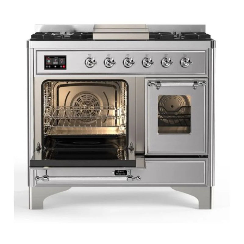 ILVE Majestic II 40" Dual Fuel Freestanding Range in Stainless Steel with Chrome Trim, UMD10FDNS3SSCLP