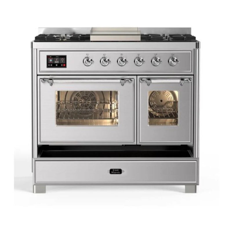 ILVE Majestic II 40" Dual Fuel Freestanding Range in Stainless Steel with Chrome Trim, UMD10FDNS3SSCLP