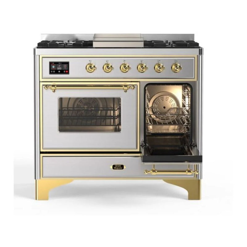 ILVE Majestic II 40" Dual Fuel Freestanding Range in Stainless Steel with Brass Trim, UMD10FDNS3SSGLP
