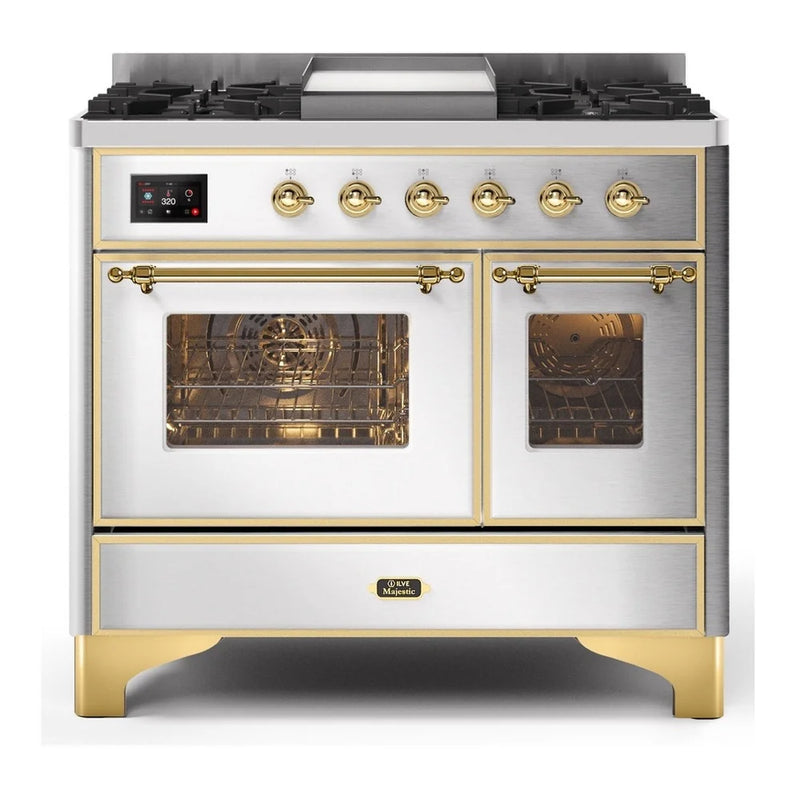 ILVE Majestic II 40" Dual Fuel Freestanding Range in Stainless Steel with Brass Trim, UMD10FDNS3SSG