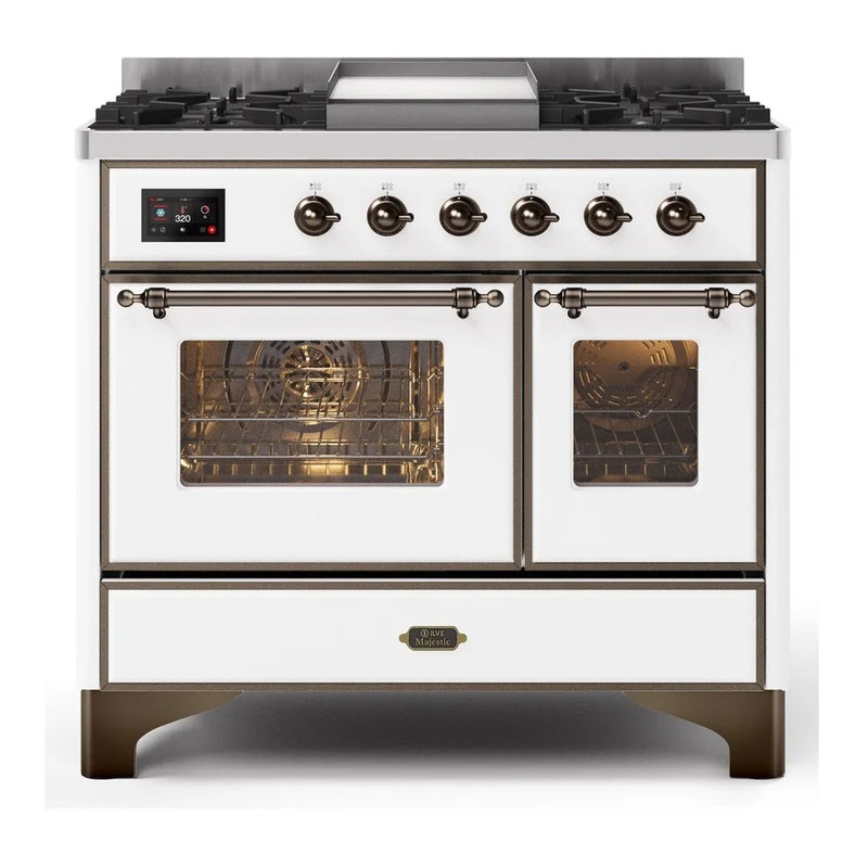 ILVE Majestic II 40" Dual Fuel Freestanding Range in White with Burnished Trim, UMD10FDNS3WHBLP