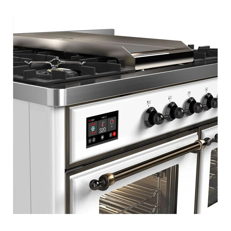ILVE Majestic II 40" Dual Fuel Freestanding Range in White with Burnished Trim, UMD10FDNS3WHBLP