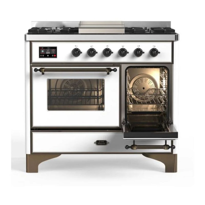 ILVE Majestic II 40" Dual Fuel Freestanding Range in White with Burnished Trim, UMD10FDNS3WHBLP