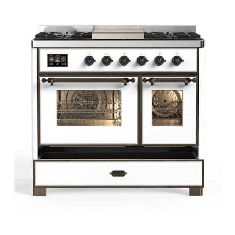 ILVE Majestic II 40" Dual Fuel Freestanding Range in White with Burnished Trim, UMD10FDNS3WHBLP