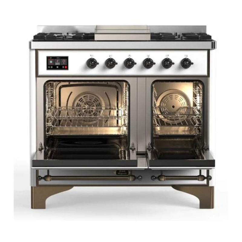 ILVE Majestic II 40" Dual Fuel Freestanding Range in White with Burnished Trim, UMD10FDNS3WHB