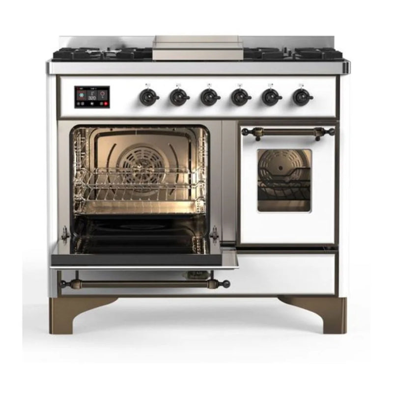 ILVE Majestic II 40" Dual Fuel Freestanding Range in White with Burnished Trim, UMD10FDNS3WHB
