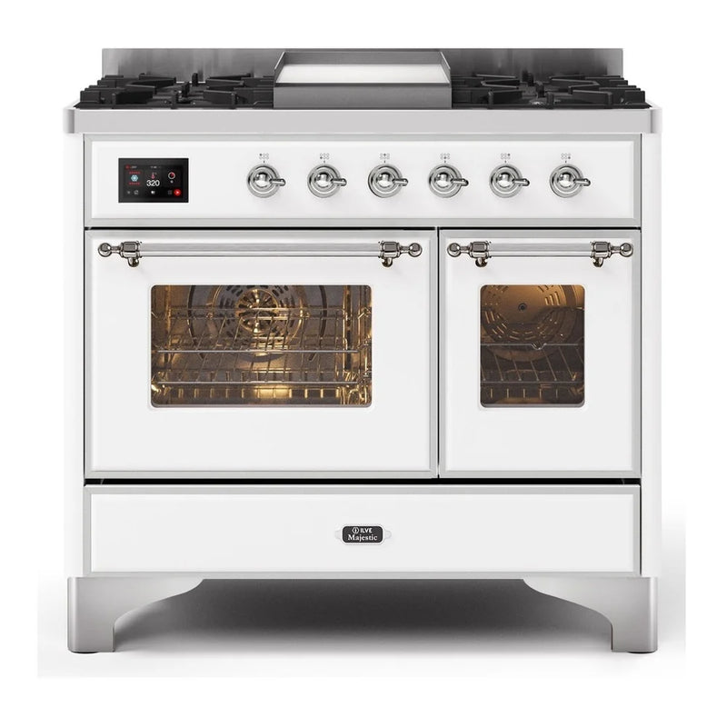 ILVE Majestic II 40" Dual Fuel Freestanding Range in White with Chrome Trim, UMD10FDNS3WHCLP