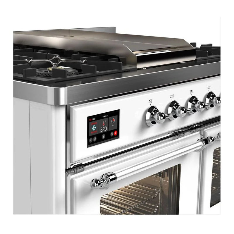 ILVE Majestic II 40" Dual Fuel Freestanding Range in White with Chrome Trim, UMD10FDNS3WHCLP