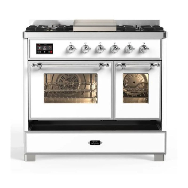 ILVE Majestic II 40" Dual Fuel Freestanding Range in White with Chrome Trim, UMD10FDNS3WHCLP