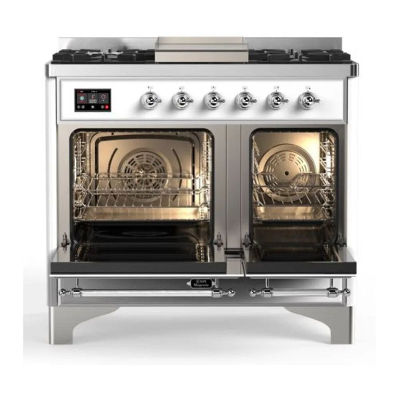 ILVE Majestic II 40" Dual Fuel Freestanding Range in White with Chrome Trim, UMD10FDNS3WHC